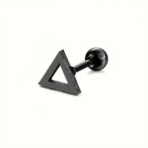 Macro detail of black stainless steel triangular earring with frosted matte finish