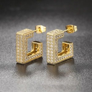 Gold-plated G-shape stud earrings with micro-pave cubic zirconia crystals for a luxury look