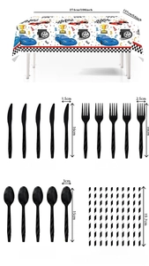 Racing party set detail showing 274x137cm tablecloth and black plastic cutlery kit