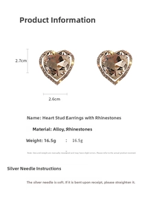 Detail view of rhinestone heart clip earrings showing dimensions 2.7cm and weight 16.5g