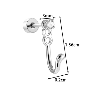 Titanium steel cat tail ear stud with cubic zirconia and screw back measurement view