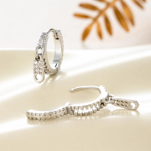 Silver zipper stud earrings with cubic zirconia set in copper, trendy hip hop style jewelry
