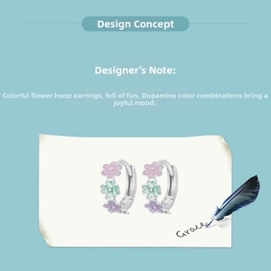 Detailed design sketch of colorful dopamine floral hoop earrings in pink green and purple