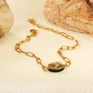 Golden chain necklace with abalone shell oval pendant featuring a butterfly design