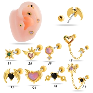 Eight gold heart and star chain cartilage earrings with colorful cubic zirconia studs