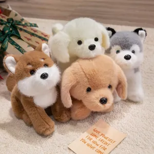 Set of four plush dog dolls including Shiba Inu and Husky on a soft beige rug