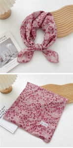 Close-up of pink floral cotton linen square scarf with delicate crochet lace edge detail