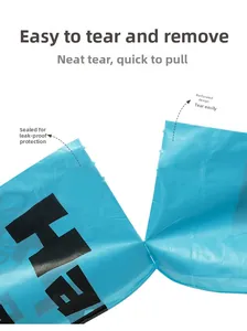 Detail showing perforated edge for easy tearing and heat-sealed finish on blue pet bags