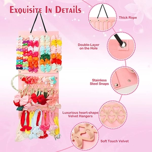 Detail view of pink velvet organizer featuring heart hangers and stainless steel snaps