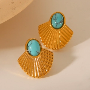 18K gold plated stainless steel fan earrings featuring oval turquoise inlays