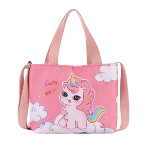 Pink kids unicorn shoulder bag with Lucky lettering and colorful rainbow patterns