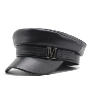 Women PU Leather Newsboy Cap Metal M Buckle Captain Hat Retro Flat Top Beret Adjustable Solid Color