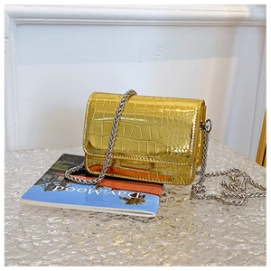 Close-up of gold crocodile pattern mini crossbody bag with a silver chain strap