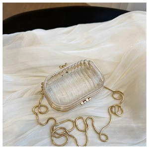 Detail of transparent acrylic oval clutch bag featuring golden metal chain strap