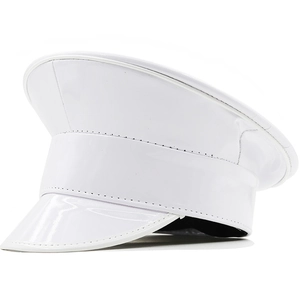 Detail of white patent leather flat top cap with shiny reflective finish and stitching