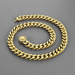 Close-up of 11mm gold-plated Cuban link chain with a sparkling diamond-set clasp closure