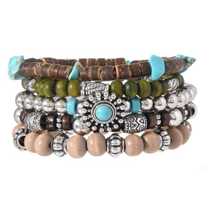 Böhmisches mehrlagiges Armbandset mit Sonnenblumen-Türkis und Holzperlen-Details