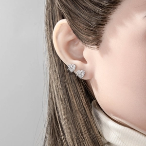 French vintage style heart and bow cubic zirconia cartilage stud earrings in silver finish