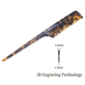 Tortoiseshell acetate hair comb with 3D engraving and precise 4.5mm to 1.5mm taper