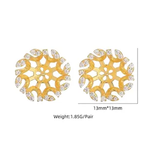 S925 silver hollow sun flower earrings with white zircons and gold plated finish 13mm