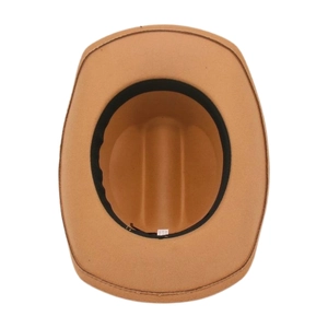 Detailed interior view of camel felt cowboy hat featuring sweatband and wash label