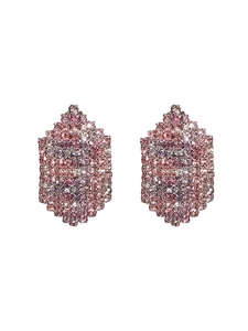 Detail view of luxury rose pink and purple gradient rhinestone tassel earrings