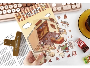 Detailed view of DIY cat cafe theme PET stickers with background card and cute motifs