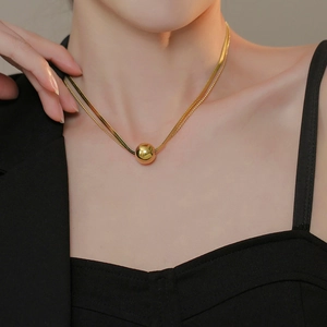 Double Layer Necklace Stainless Steel Gold Plated Round Ball Pendant Snake Bead Chain Minimalist Jewelry For Women