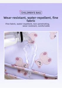 Detail of purple cartoon kids backpack showing water-resistant oxford fabric texture