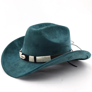Teal vintage suede cowboy hat with woven band and shell detail, western fedora style