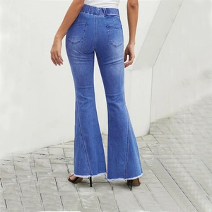 Rear view of high waist denim flare pants showing lifting design and frayed hem