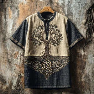 Close-up of Tree of Life embroidery on navy blue vintage linen short sleeve shirt