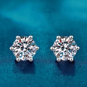 Classic round cut D color Moissanite stud earrings in 925 sterling silver six-prong setting
