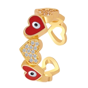 14k gold open ring featuring red enamel heart evil eye charms and clear zircon hearts
