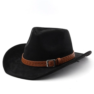 Classic black wool felt western cowboy hat featuring a braided brown leather belt strap