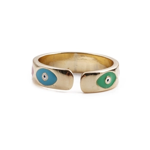 Close-up of gold-plated copper evil eye ring with blue and green enamel drip finish