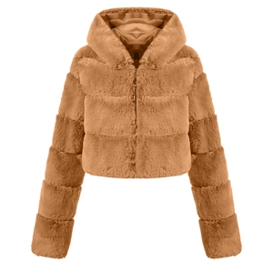 Detail of short brown faux fur jacket featuring a hooded design and metal ring zipper