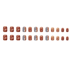 Press-on nails set with caramel and grey-blue gradient, marble texture and gold foil
