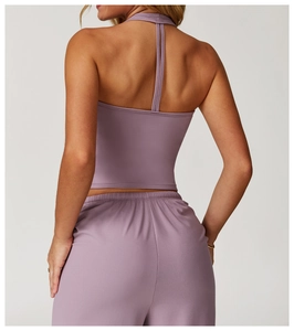 Rear view of purple halter yoga vest and high-waist fitness leggings set for women