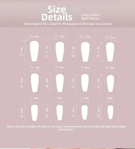 Tableau des tailles pour faux ongles ballerine extra longs montrant 12 tailles et mesures