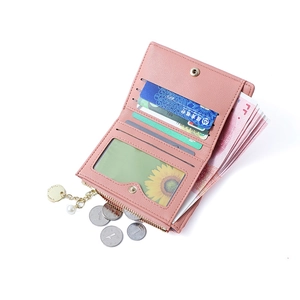 Pink lychee texture small wallet with gold pearl charm and multi-slot interior space