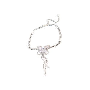 Elegant silver butterfly tassel necklace with pavé zircon stones in a sleek design