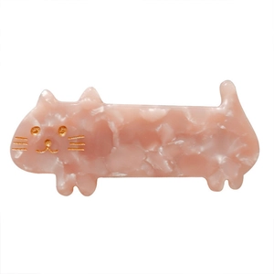 Pink marbled acetate hair clip in cute cat shape with golden engraved facial details