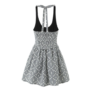 Summer black and white plaid halter dress with white floral embroidery and back ties