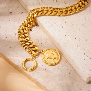 Vintage double-layer gold-plated stainless steel coin pendant chain bracelet with OT toggle clasp