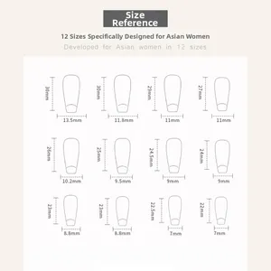 Size chart for ballet press-on nails showing 12 dimensions in height and width