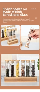 Detailed set of glass coffee bean tubes with airtight wooden stoppers and wooden base