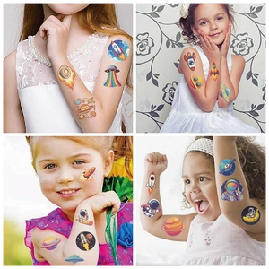 Waterproof space astronaut temporary tattoos for kids featuring rockets and planets