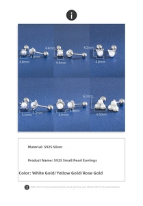 Size chart for S925 silver pearl stud earrings showing various designs and dimensions