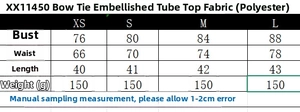 Size chart for bow-knot tube top listing measurements for XS, S, M, and L sizes